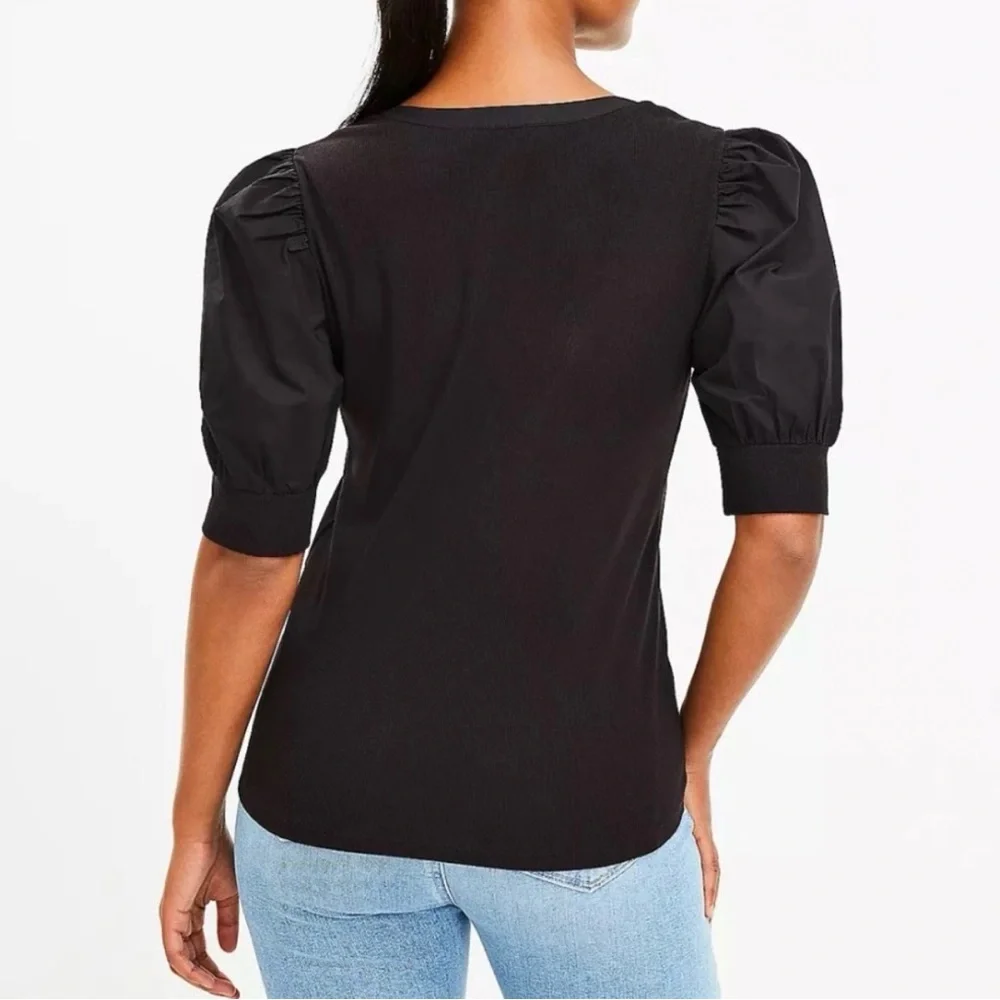 LOFT black puff sleeve ribbed Henley, size M - Picture 2 of 5